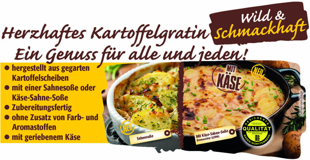 Werbung für herzhaftes Kartoffelgratin mit Sahne- oder Käse-Sahne-Soße, fertig zum Zubereiten
